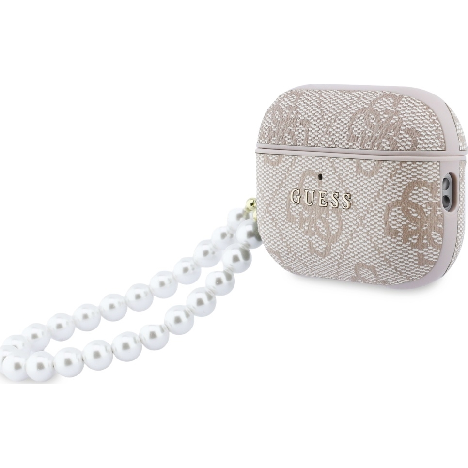 Oryginalne ekskluzywne etui od marki Guess z kolekcji 4G Pearl Strap z perłową zawieszką dla Apple AirPods Pro 3, różowe